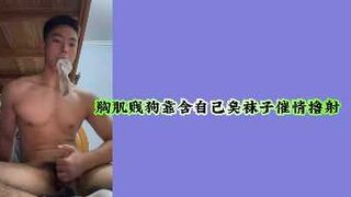 胸肌贱狗靠含自己臭袜子催情撸射